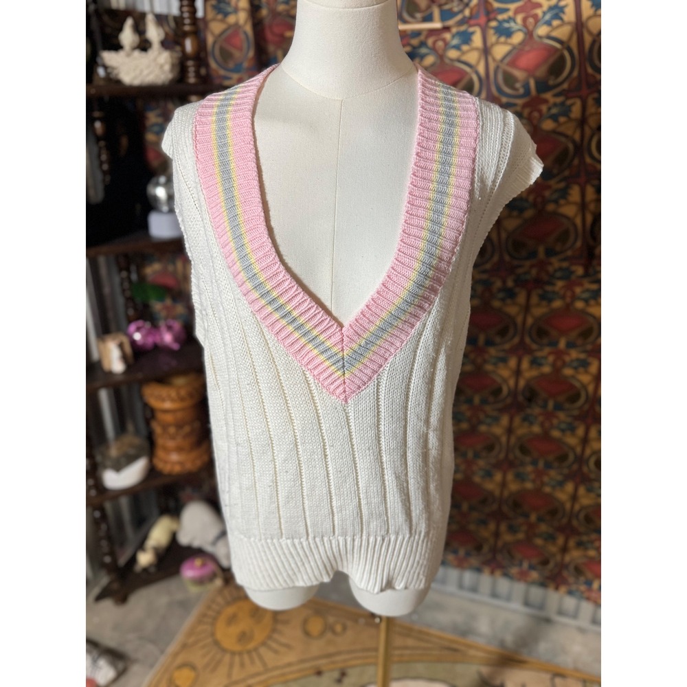 Vtg Here's A Hug White Knit Tennis Vest Sweater M Pastel Stripe V Neck